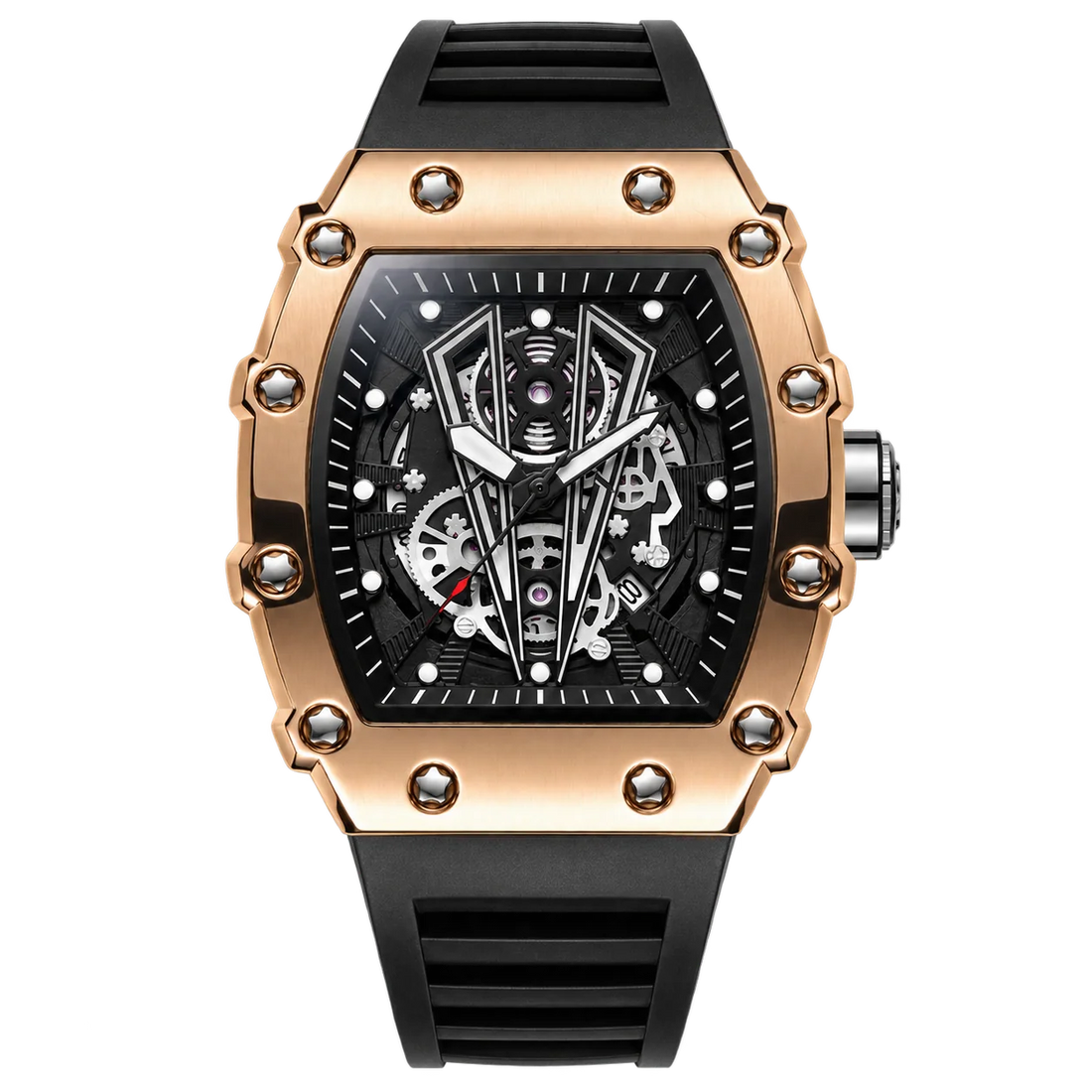 Front view of the Hudson Mercury QZERVYX F3342 rose gold men's skeleton watch with black rubber strap and tonneau case
