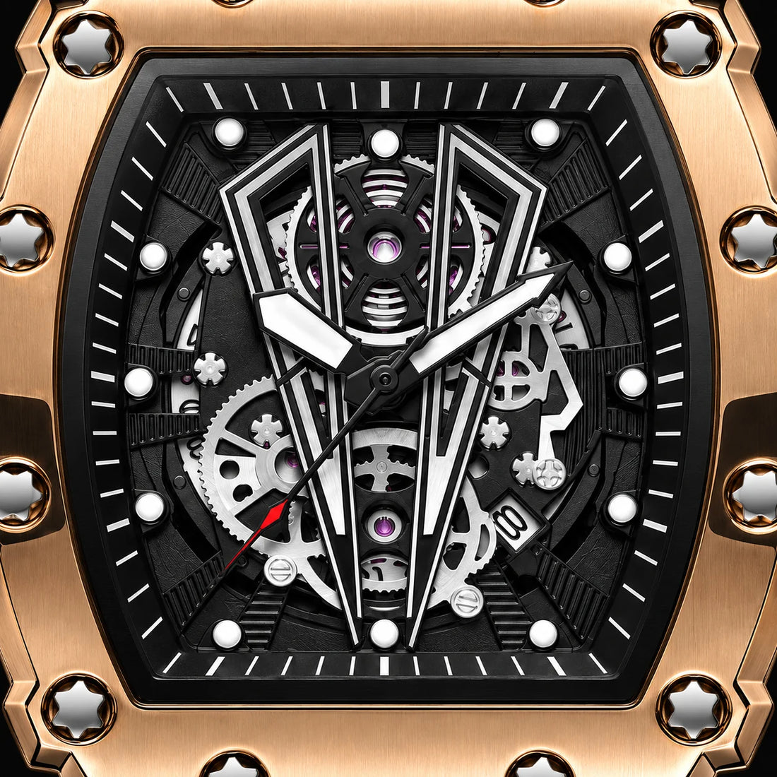 Front view of the Hudson Mercury QZERVYX F3342 rose gold men's skeleton watch with black rubber strap and tonneau case