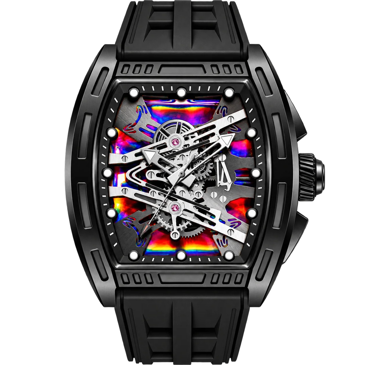 Hudson Mercury Auvqerix B1209 men's black skeleton watch with silicone strap and multicolor open-work dial
