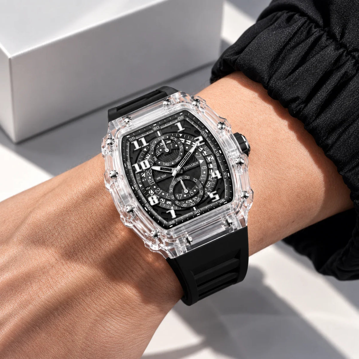Hudson Mercury Noverque 2B45 tonneau quartz watch with black silicone strap worn on wrist