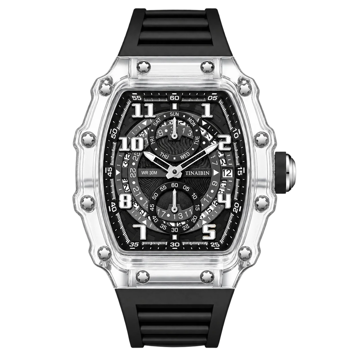 Front view of Hudson Mercury Noverque 2B45 transparent tonneau quartz watch with black silicone strap