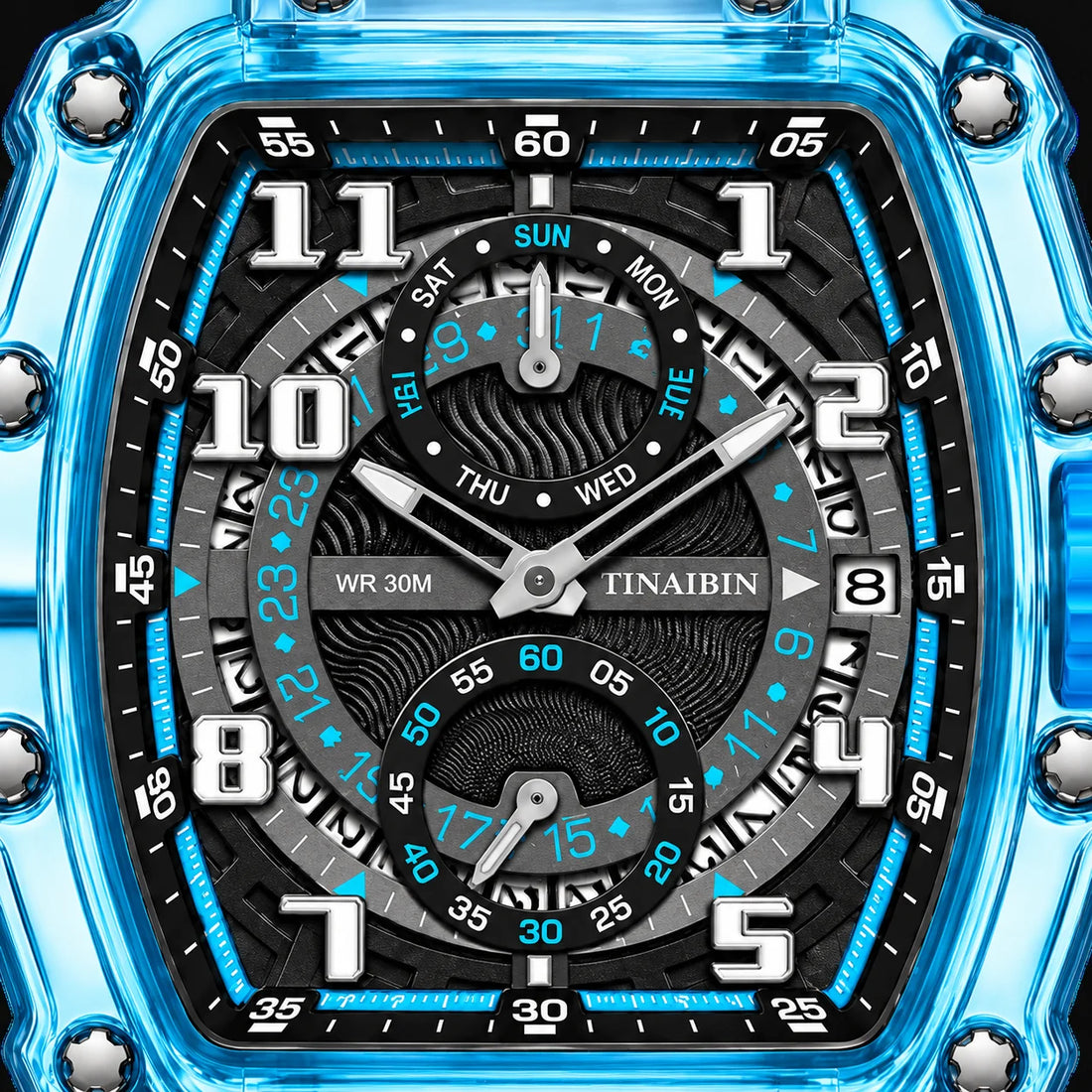 Front product view of Hudson Mercury Noverque 2B45 blue tonneau watch with silicone strap