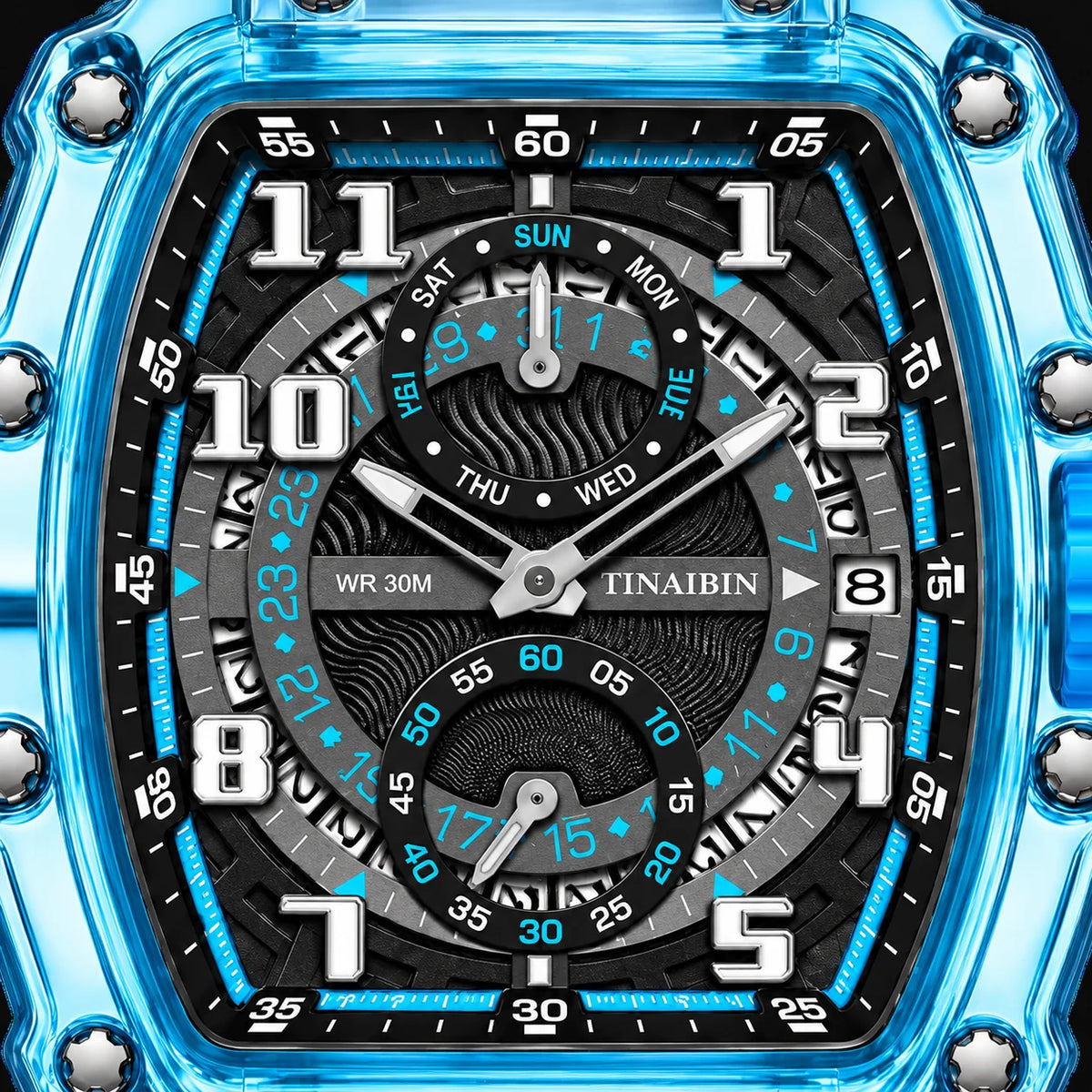Close-up front view of Hudson Mercury Noverque 2B45 blue transparent case and detailed black dial