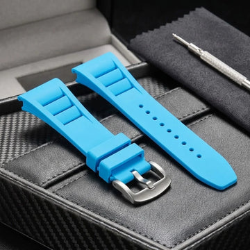 Blue silicone replacement strap for Hudson Mercury Noverque 2B45 men’s tonneau quartz watch with metal buckle