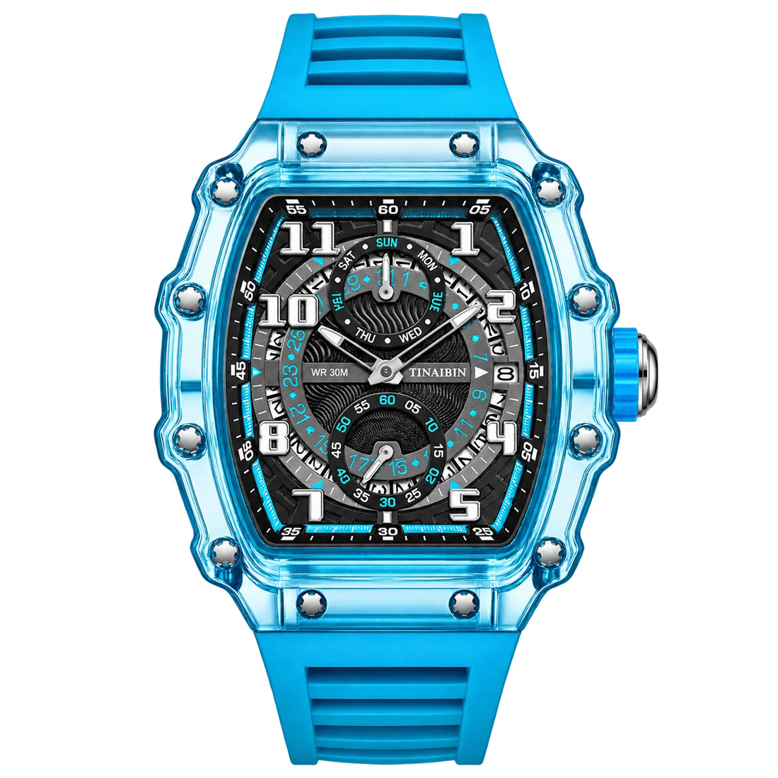 Front product view of Hudson Mercury Noverque 2B45 blue tonneau watch with silicone strap