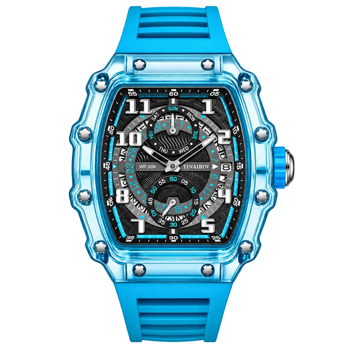 Front product view of Hudson Mercury Noverque 2B45 blue tonneau watch with silicone strap