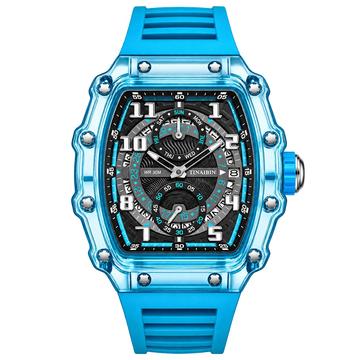 Front product view of Hudson Mercury Noverque 2B45 blue tonneau watch with silicone strap