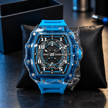 Hudson Mercury Noverque 2B45 blue tonneau quartz watch with silicone strap and transparent case