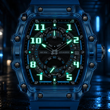 Hudson Mercury Noverque 2B45 men’s tonneau quartz watch with luminous dial and blue transparent case