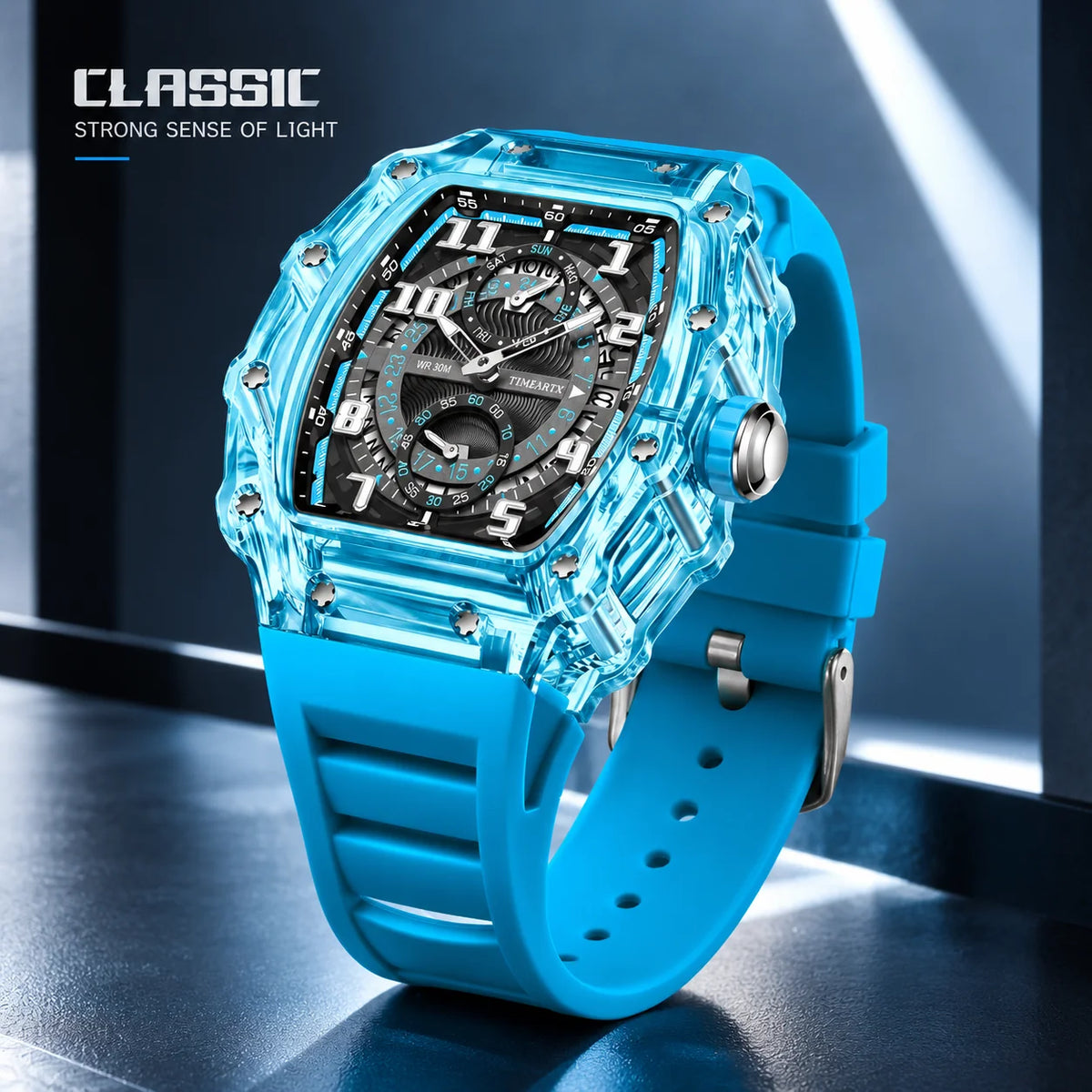 Hudson Mercury Noverque 2B45 men’s watch featuring a blue silicone strap and transparent case