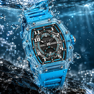 Blue Hudson Mercury Noverque 2B45 men’s quartz watch shown with water droplets