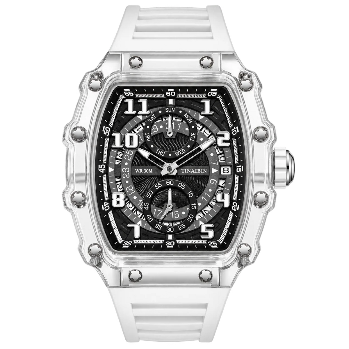 Front view of Hudson Mercury Noverque 2B45 men’s tonneau quartz watch in white
