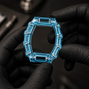 Detail view of the transparent blue tonneau case of the Hudson Mercury Noverque 2B45 watch
