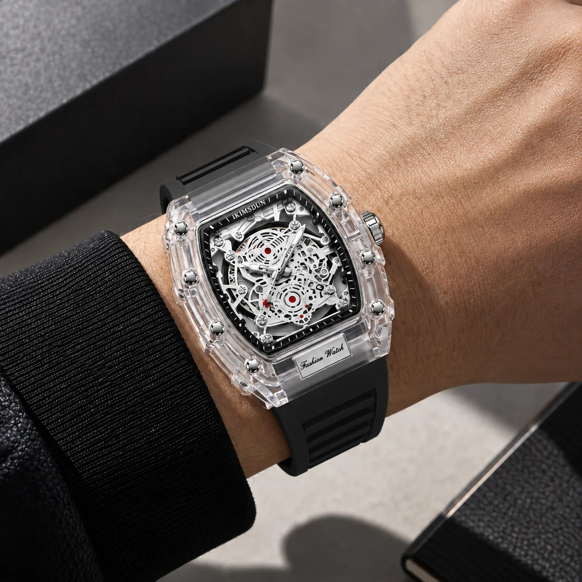 Hudson Mercury Tervoque B21 black tonneau skeleton watch with transparent case worn on wrist