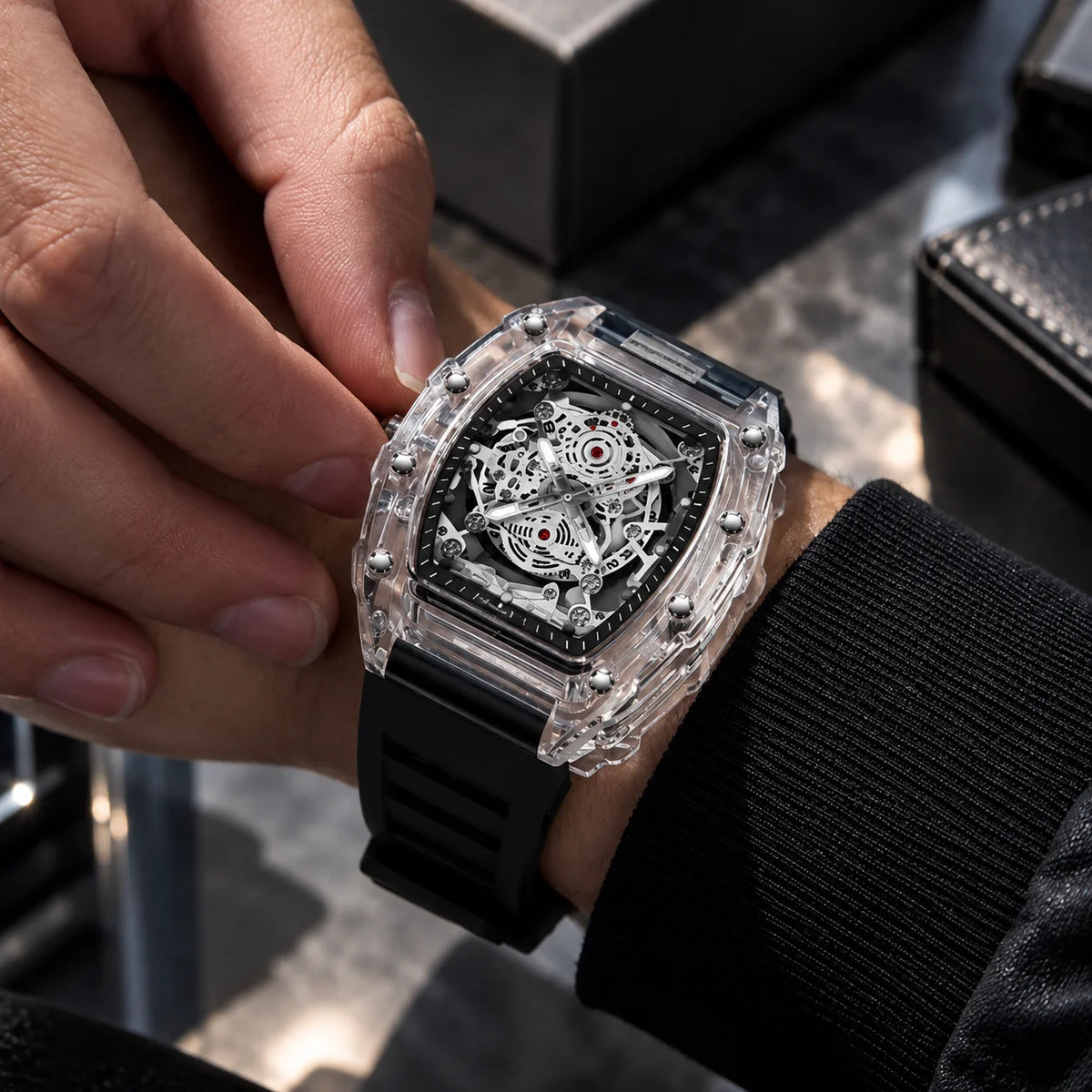 Hudson Mercury Tervoque B21 black transparent tonneau skeleton watch worn on a man’s wrist