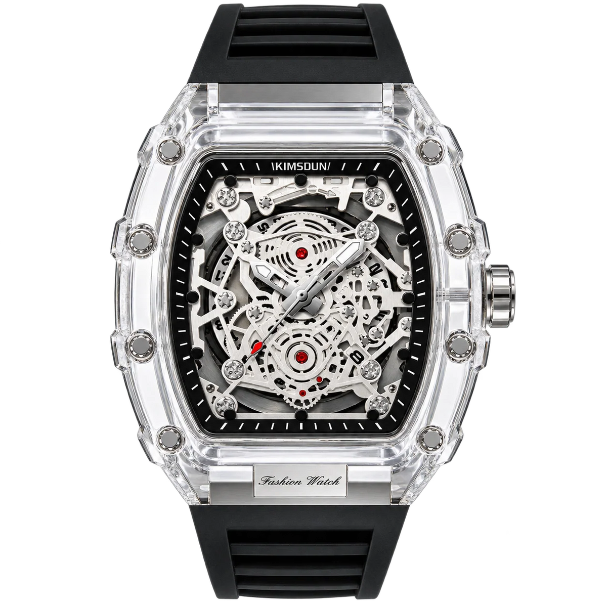 Hudson Mercury Tervoque B21 black tonneau skeleton watch with clear transparent case