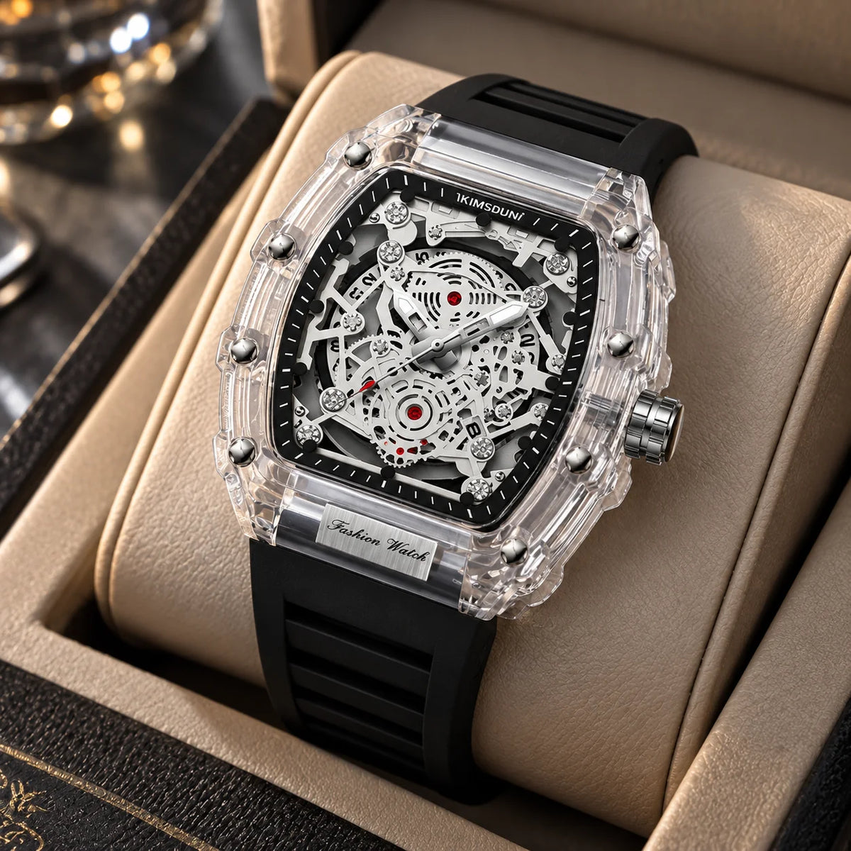 Hudson Mercury Tervoque B21 black transparent tonneau skeleton watch displayed in luxury watch box