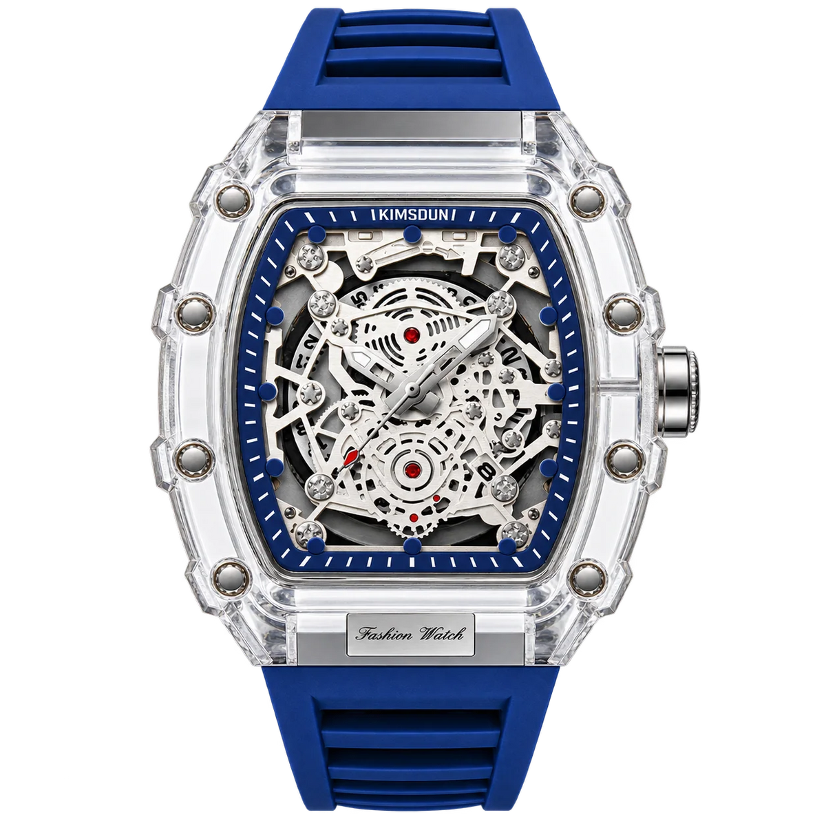 Hudson Mercury Tervoque B21 blue tonneau skeleton watch with transparent case