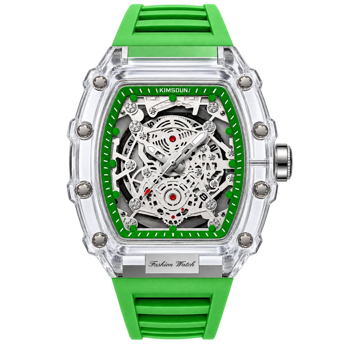Hudson Mercury Tervoque B21 green tonneau skeleton watch with transparent case