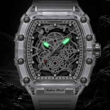 Hudson Mercury Tervoque B21 transparent skeleton watch with glowing luminous hands in low light