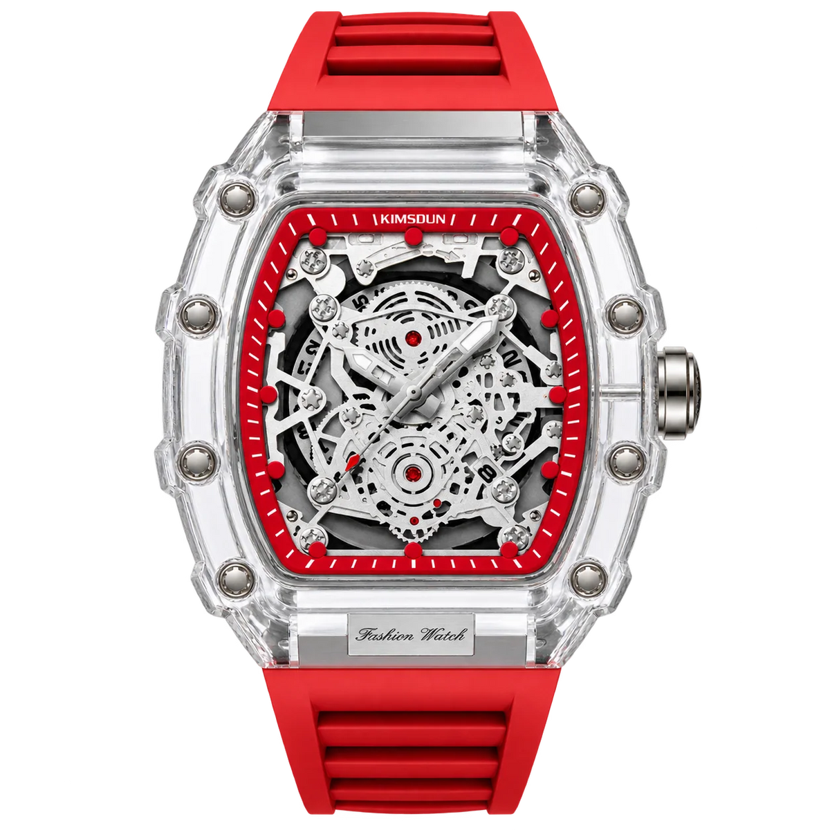 Hudson Mercury Tervoque B21 red tonneau skeleton watch with transparent case