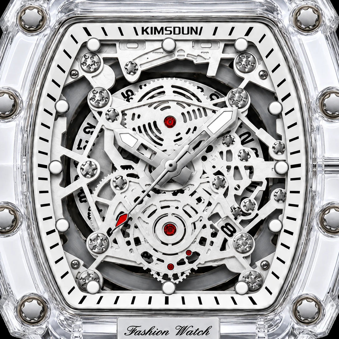 Hudson Mercury Tervoque B21 white tonneau skeleton watch with crystal-clear transparent case