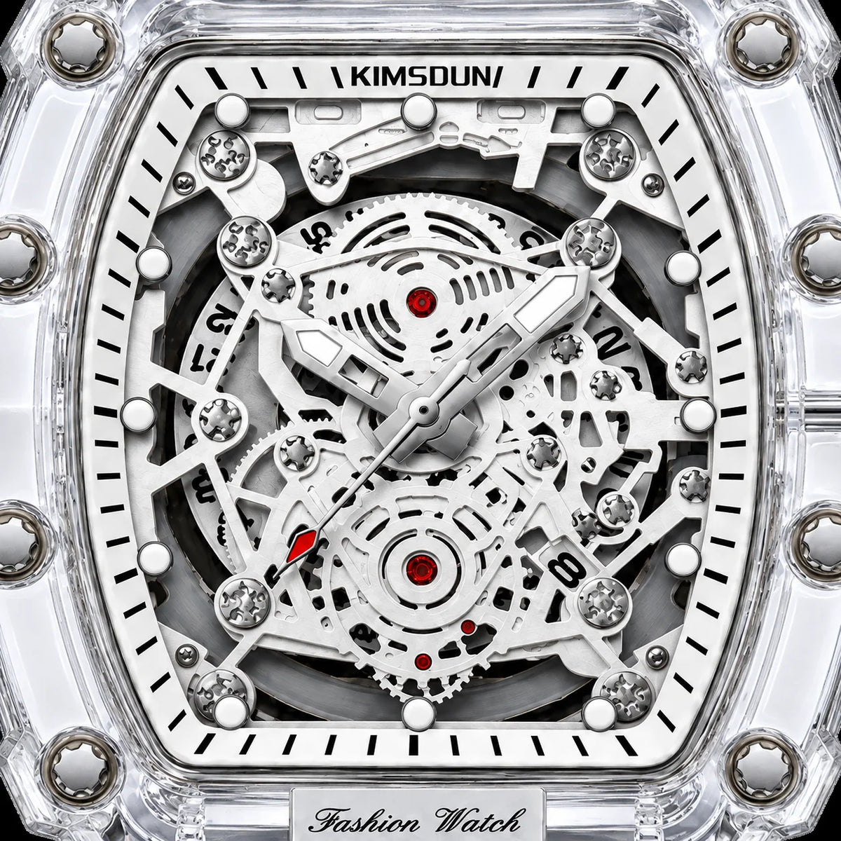 Macro close-up of Hudson Mercury Tervoque B21 skeleton dial showing intricate mechanical-style details