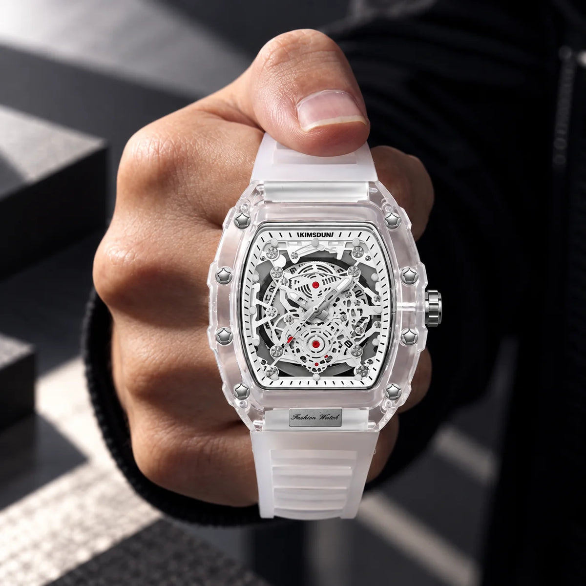 Hudson Mercury Tervoque B21 white transparent skeleton watch held in hand