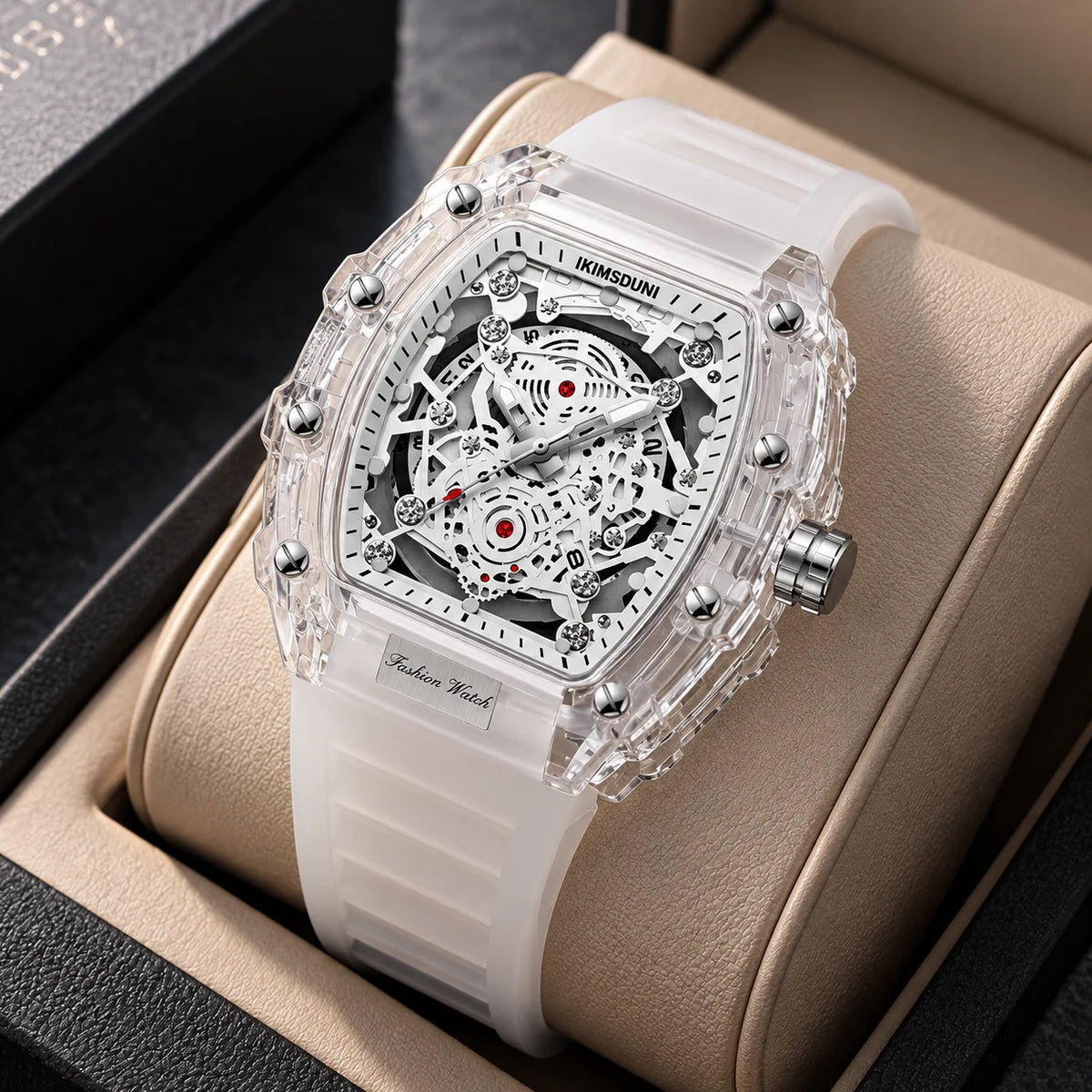 Hudson Mercury Tervoque B21 white transparent tonneau skeleton watch displayed in luxury watch box