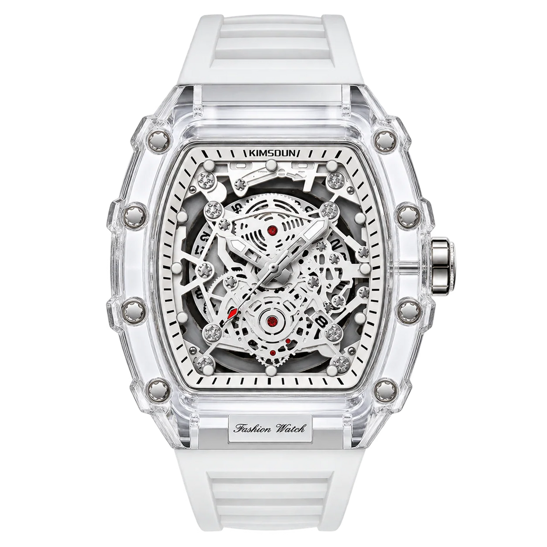 Hudson Mercury Tervoque B21 white tonneau skeleton watch with crystal-clear transparent case