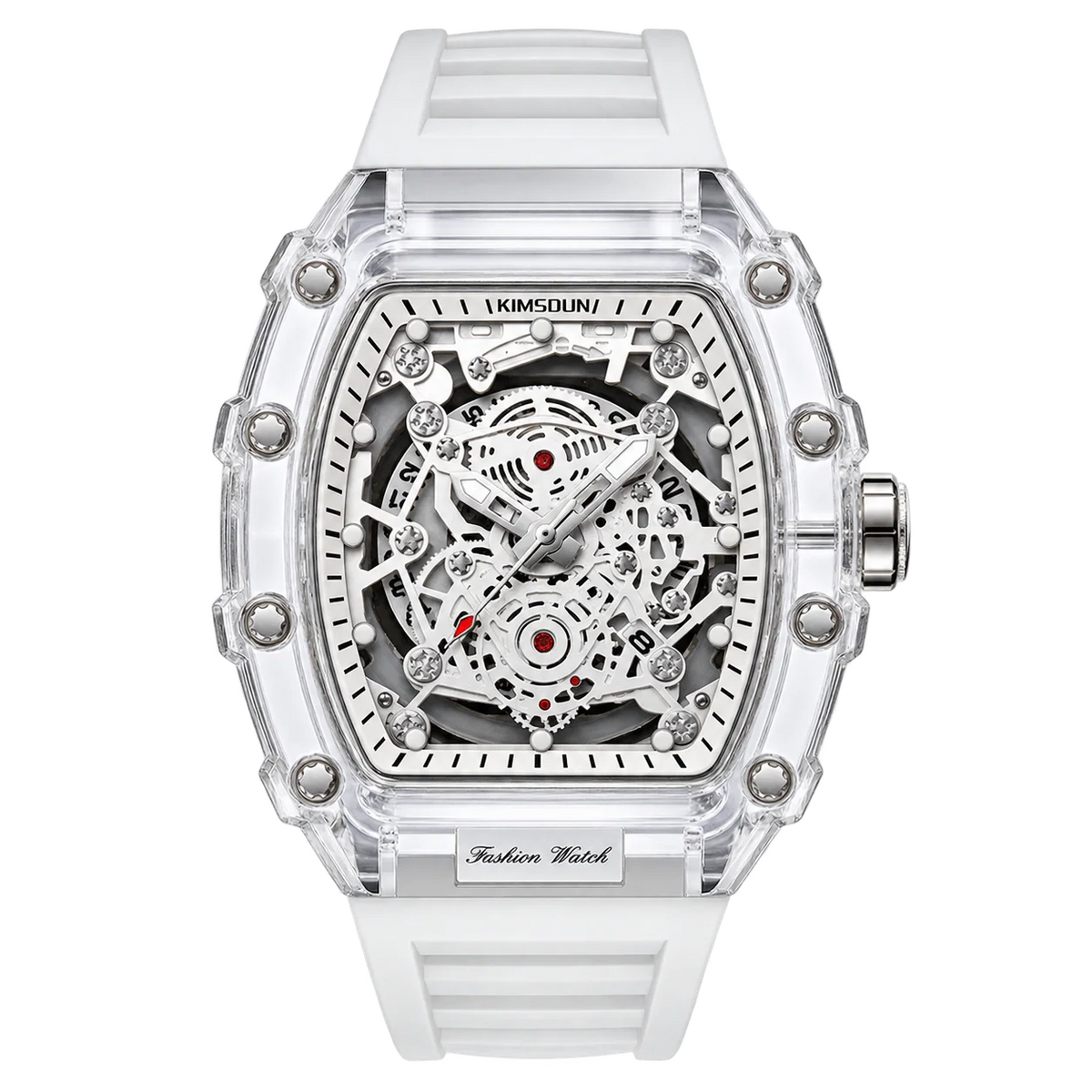 Hudson Mercury Tervoque B21 white tonneau skeleton watch with crystal-clear transparent case