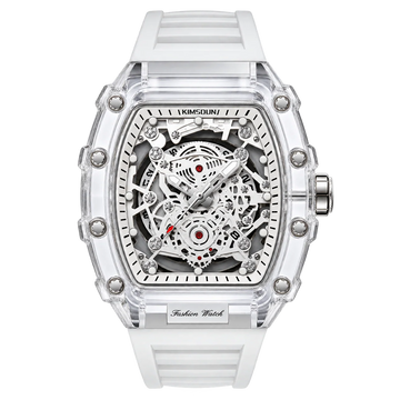 Hudson Mercury Tervoque B21 white tonneau skeleton watch with crystal-clear transparent case