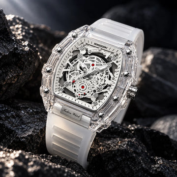 Hudson Mercury Tervoque B21 white transparent tonneau skeleton watch displayed on dark rocks