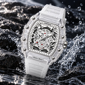 Hudson Mercury Tervoque B21 white transparent tonneau skeleton watch surrounded by water droplets