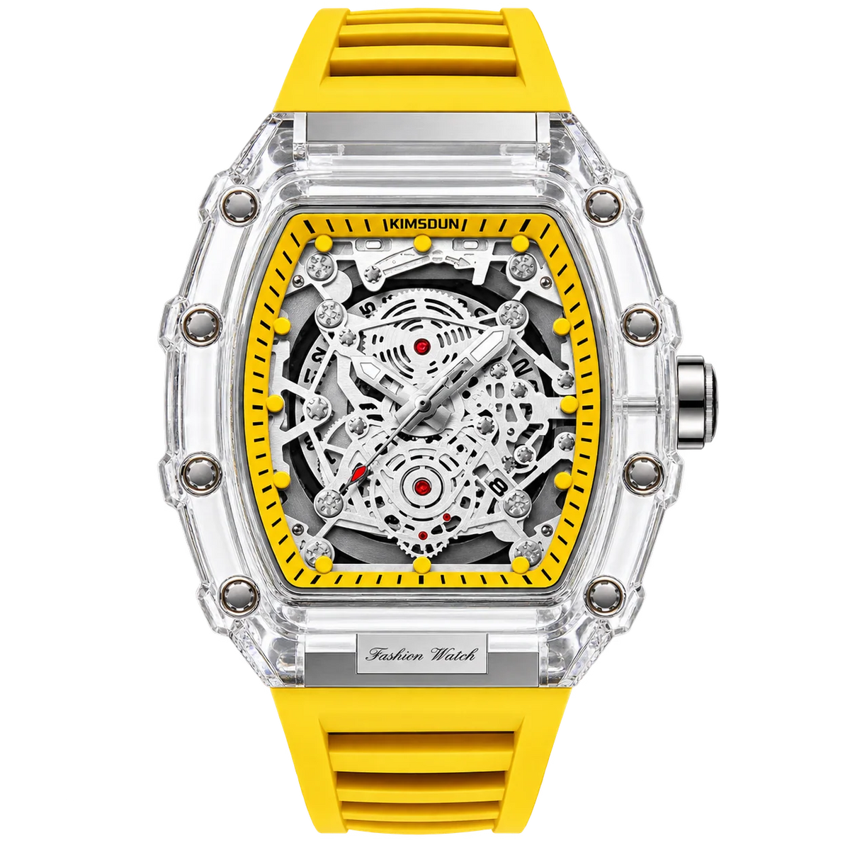 Hudson Mercury Tervoque B21 yellow tonneau skeleton watch with transparent case