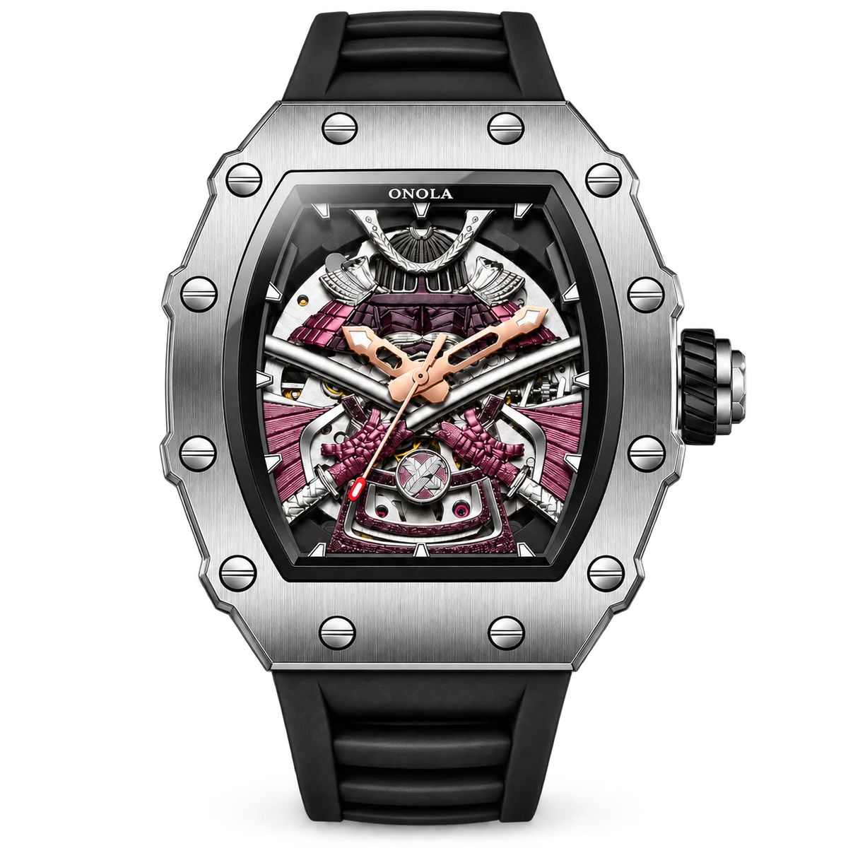Front view of Hudson Mercury Kurojin A990 automatic skeleton watch