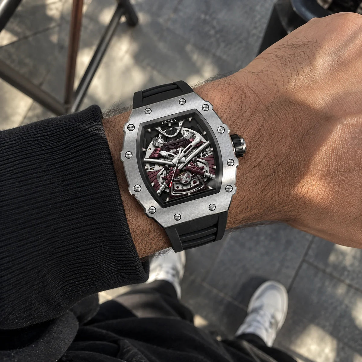 Hudson Mercury Kurojin A990 automatic skeleton watch worn on wrist