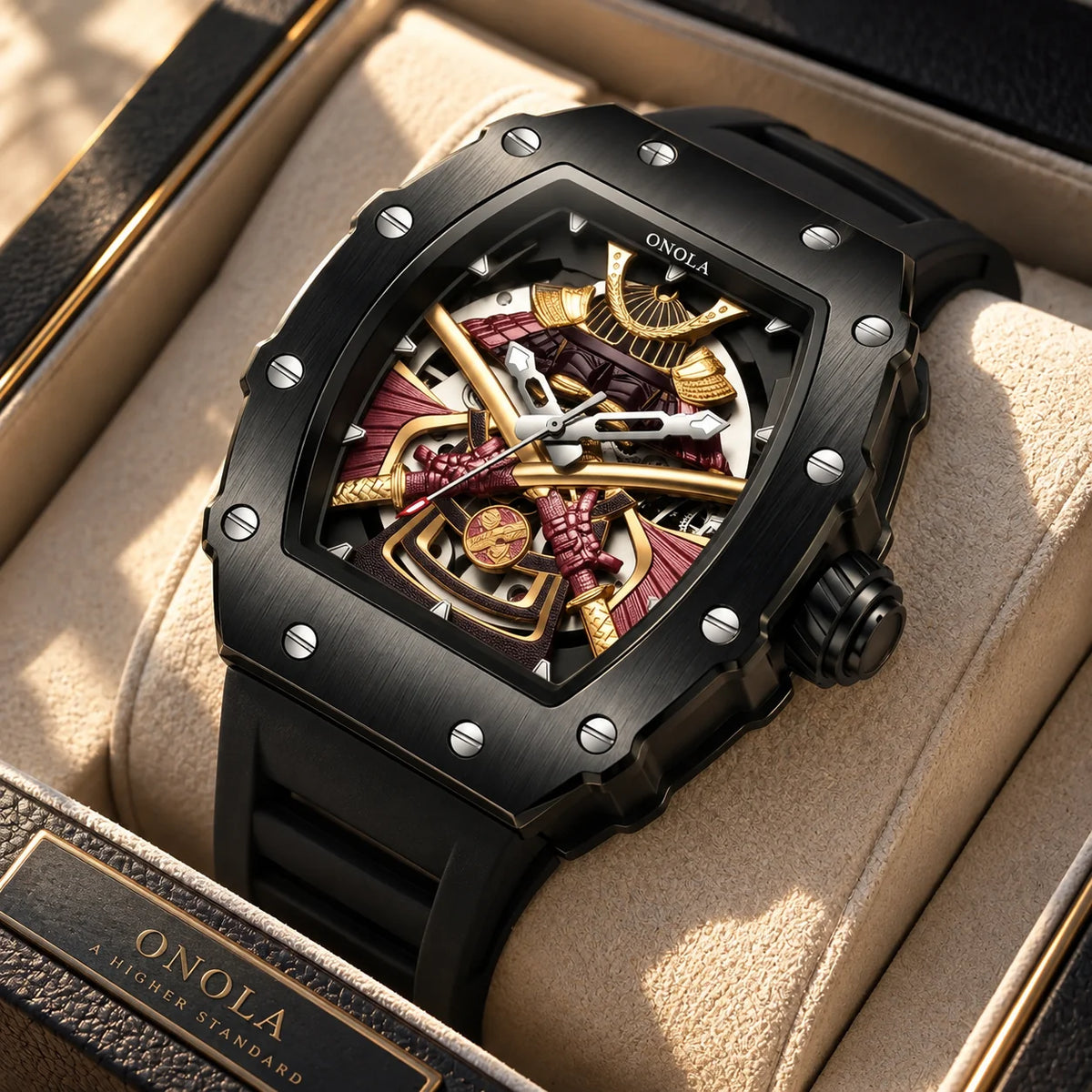 Hudson Mercury Kurojin A990 black and gold automatic skeleton watch displayed in a luxury watch box