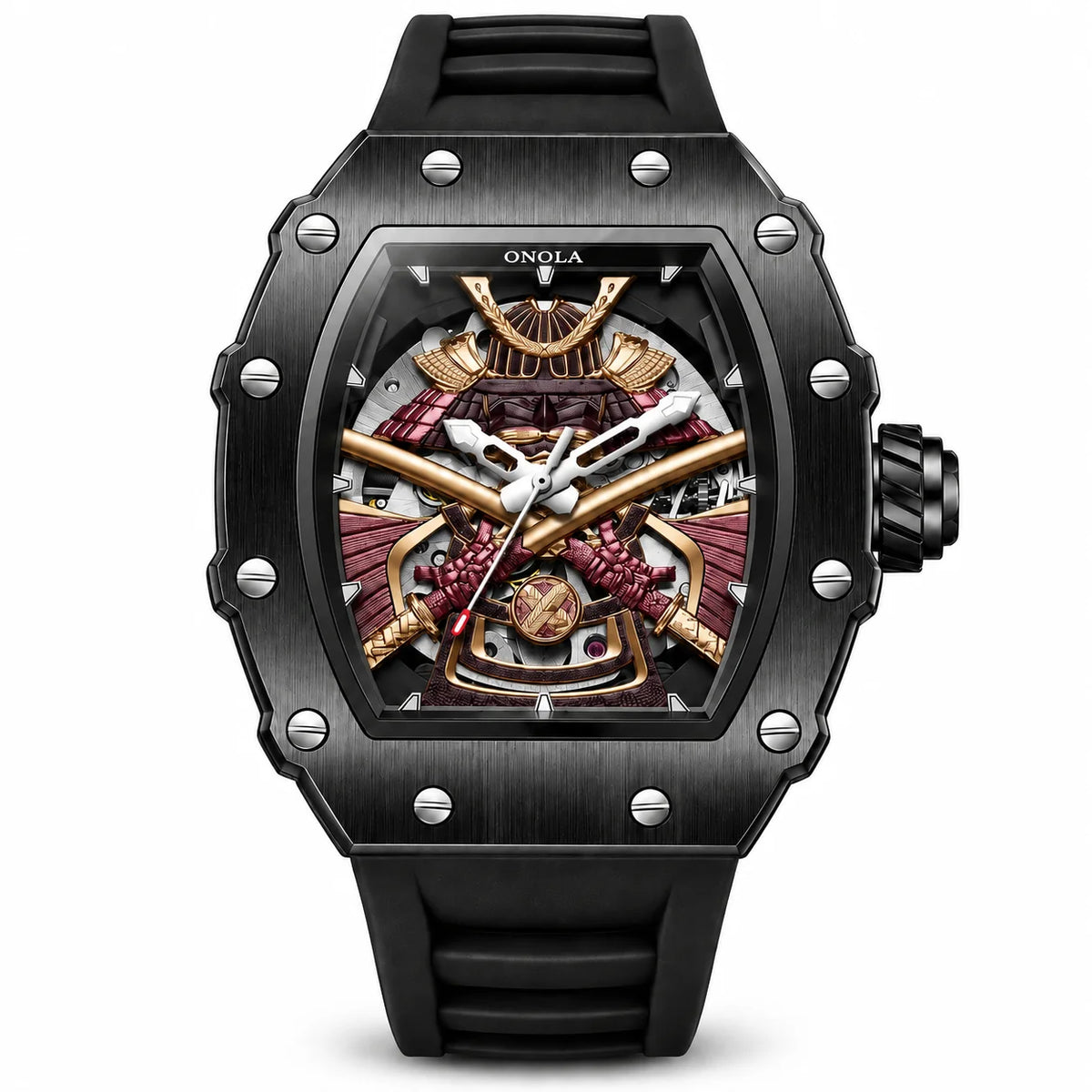 Kurojin A990 black and gold men’s automatic watch with skeleton dial
