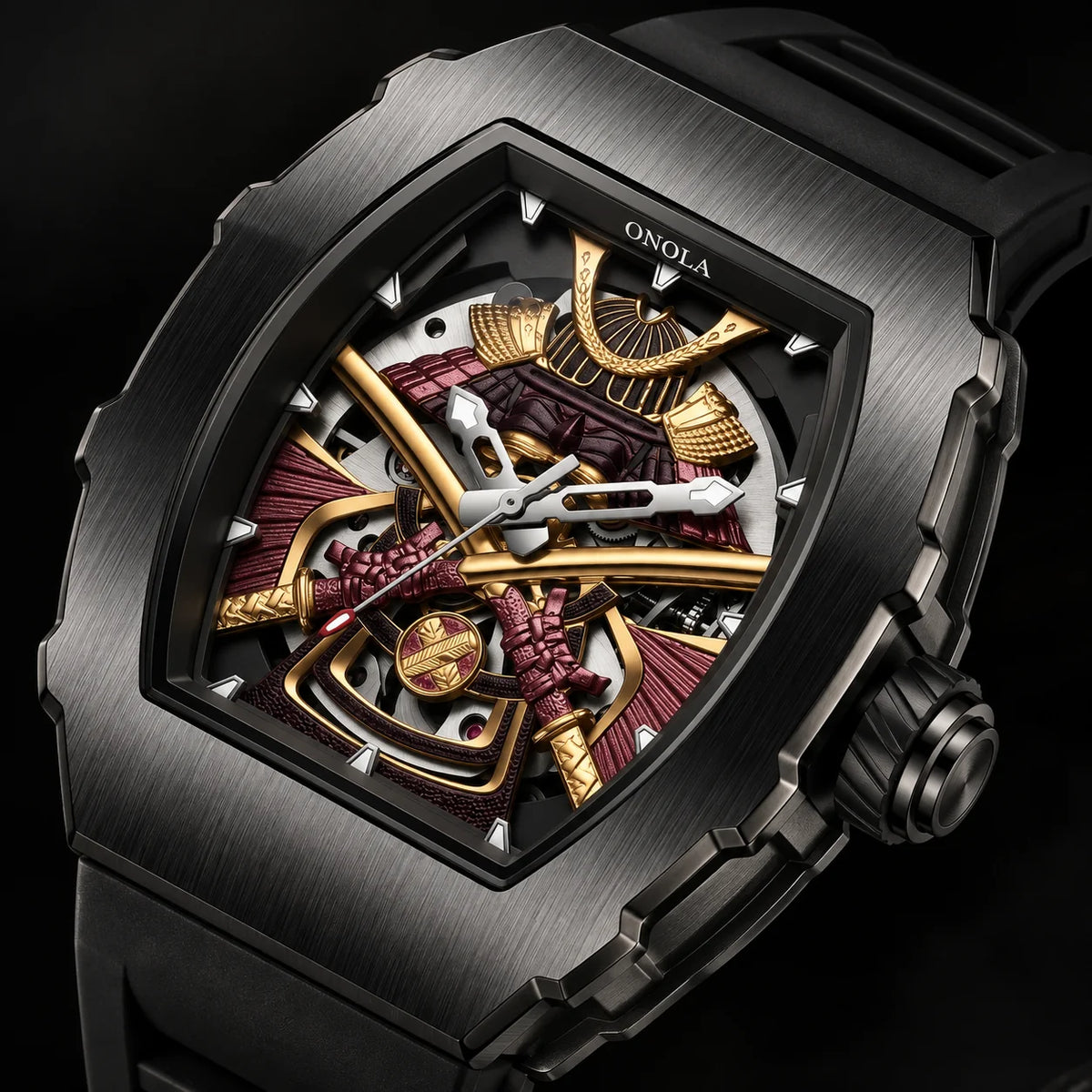 Close-up of Kurojin A990 black and gold skeleton dial and mechanical details