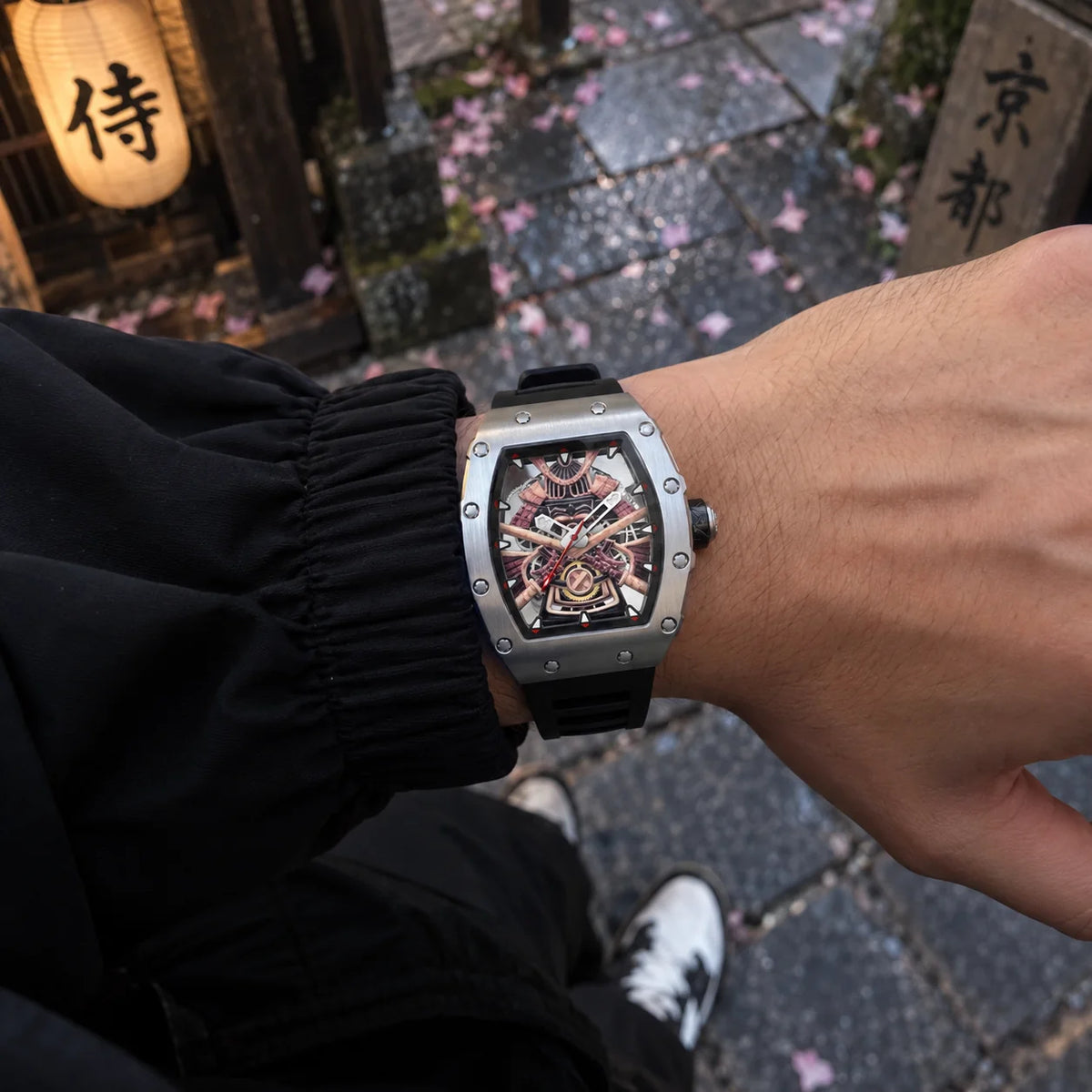 Kurojin A990 men’s automatic watch worn in a Japanese-inspired setting