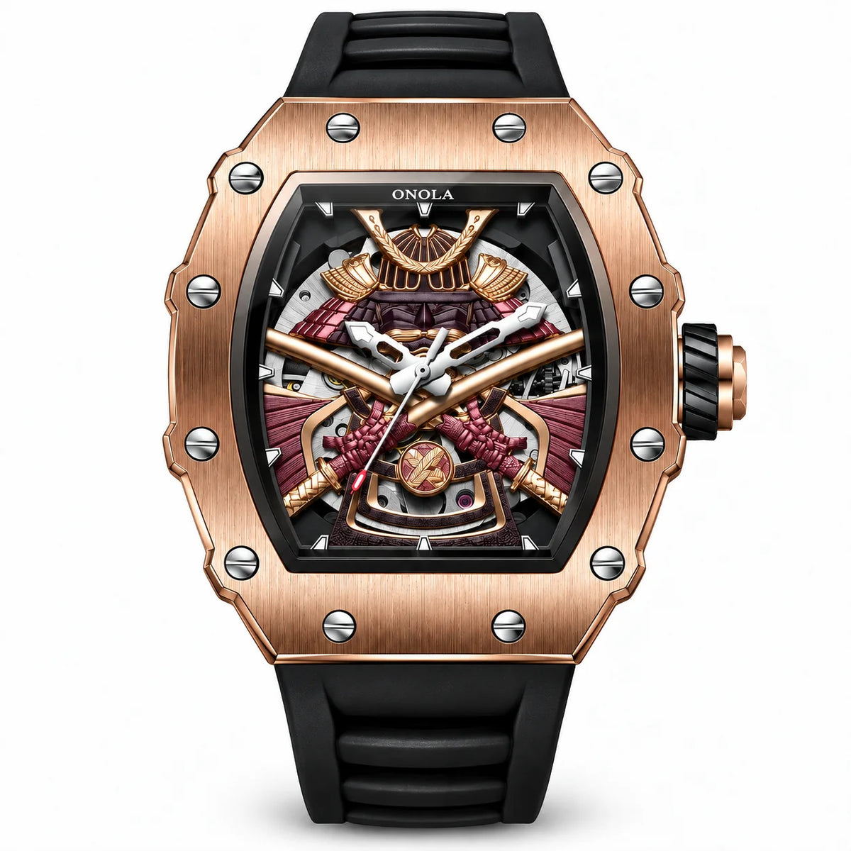 Kurojin A990 rose gold automatic skeleton watch with tonneau case